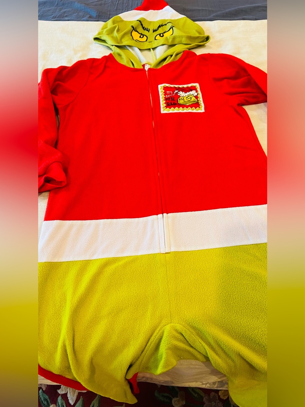 Grinch Kids One-Piece Hooded Fleece Pajamas - Red & Lime size 8 boys